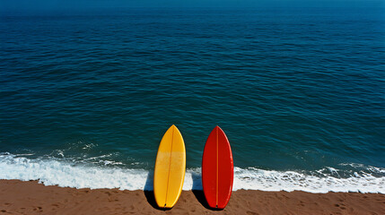 Two Surfboards on Sandy Beach with Blue Ocean