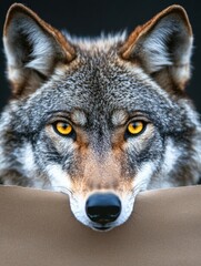 Wild coyote gazes through a brown barrier in a striking close up at dusk. Generative AI