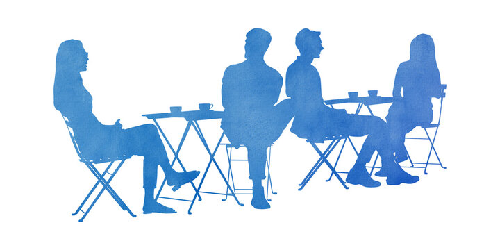 Watercolor silhouettes of people sitting at the tables in the restaurant or cafe isolated on transparent background