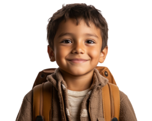 Smiling boy with backpack, white isolate background