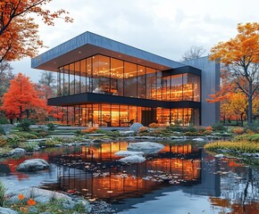 Fototapeta premium Modern glass house surrounded by vibrant autumn foliage, reflecting in a serene pond, showcasing luxury living and natures beauty. Perfect for real estate and architectural themes.