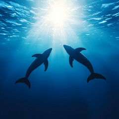 Two Whale Silhouettes in Deep Blue Ocean Under Sunlight