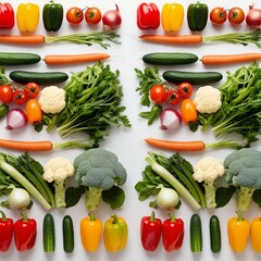 "A row of four fresh vegetable assortments isolated on a white background. Each collection includes a variety of colorful vegetables such as red and yellow bell peppers, tomatoes, cucumbers, carrots, 