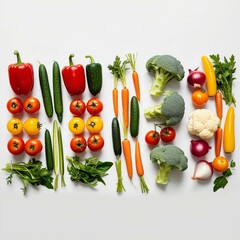 "A row of four fresh vegetable assortments isolated on a white background. Each collection includes a variety of colorful vegetables such as red and yellow bell peppers, tomatoes, cucumbers, carrots, 