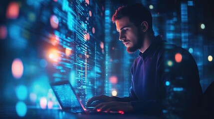 Computer programmer using laptop, data processing connecting with internet global network, cloud computing and data center network server, cyber security, software development, data engineering