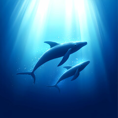 Fototapeta premium Two Whales Swimming in Deep Blue Ocean Sunlight