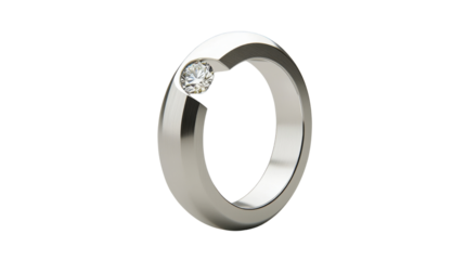 Modern silver ring with diamond on transparent background