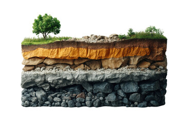 Soil layers with greenery, white isolate background