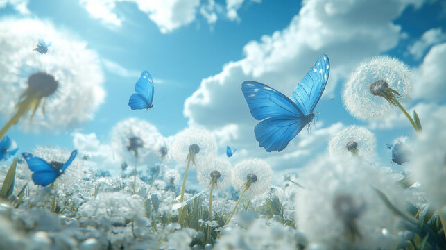 Fototapeta Blue butterflies among dandelions in a sunny field