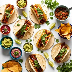 A collection of delicious Mexican tacos and traditional dishes arranged on a white background. The images feature hard-shell and soft-shell tacos filled with seasoned meat, fresh vegetables, and garni