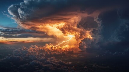 Fototapeta premium A powerful thunderstorm brews in the distance, with dark clouds swirling and brilliant lightning flashing against a backdrop of warm sunset colors illuminating the sky
