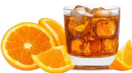 Refreshing brown beverage with ice cubes in a glass, accompanied by several slices of juicy oranges. The drink is amber colored and bubbly, and the