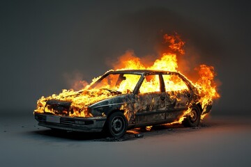 Car engulfed in flames burning intensely against a grey background