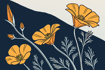 California poppies in bright orange with a navy-blue backdrop.