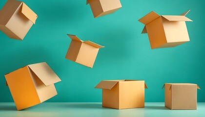 Cardboard Boxes Floating Against Teal Background - Shipping Packaging Concept
