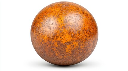 Fototapeta premium Studio shot of a spherical object with a rusty, speckled orange brown surface against a plain white background. The sphere displays a detailed