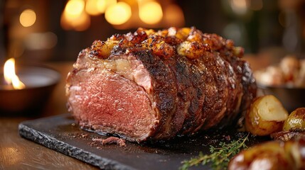 Juicy roast beef is prominently displayed on a dark stone board, surrounded by golden crispy potatoes. Soft lighting enhances the inviting atmosphere of the meal