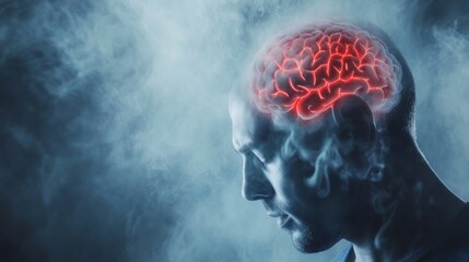 In a dimly lit environment, a man appears lost in thought as toxic fumes swirl around him. The vivid depiction of a brain illustrates the confusion and fog, intensifying the unsettling ambiance