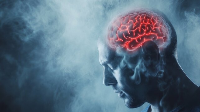 In a dimly lit environment, a man appears lost in thought as toxic fumes swirl around him. The vivid depiction of a brain illustrates the confusion and fog, intensifying the unsettling ambiance