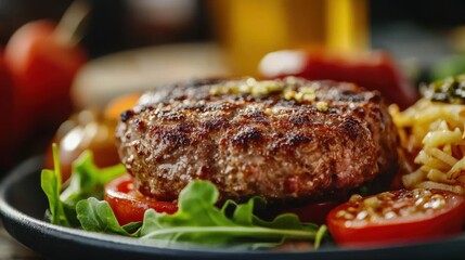 A succulent grilled burger rests on a plate filled with fresh greens and ripe tomatoes. Colorful sides accompany the dish in an inviting outdoor atmosphere