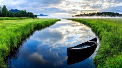 Obraz premium Serene sunrise over a calm river, a small wooden boat gently floats on the still water, surrounded by lush green vegetation and a misty atmosphere