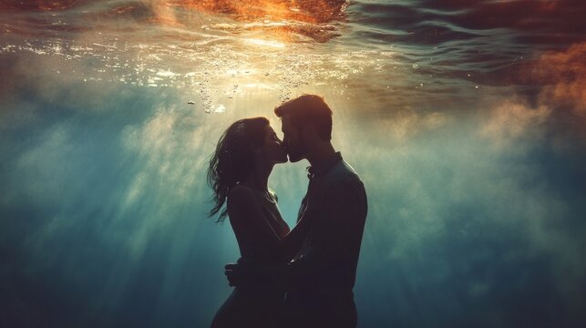 Cinematic shot of young carefree romantic loving couple is kissing with passion in blu underwater during their honey moon vacation holiday. Concept of love, relationship, freedom, sensuality, fantasy.