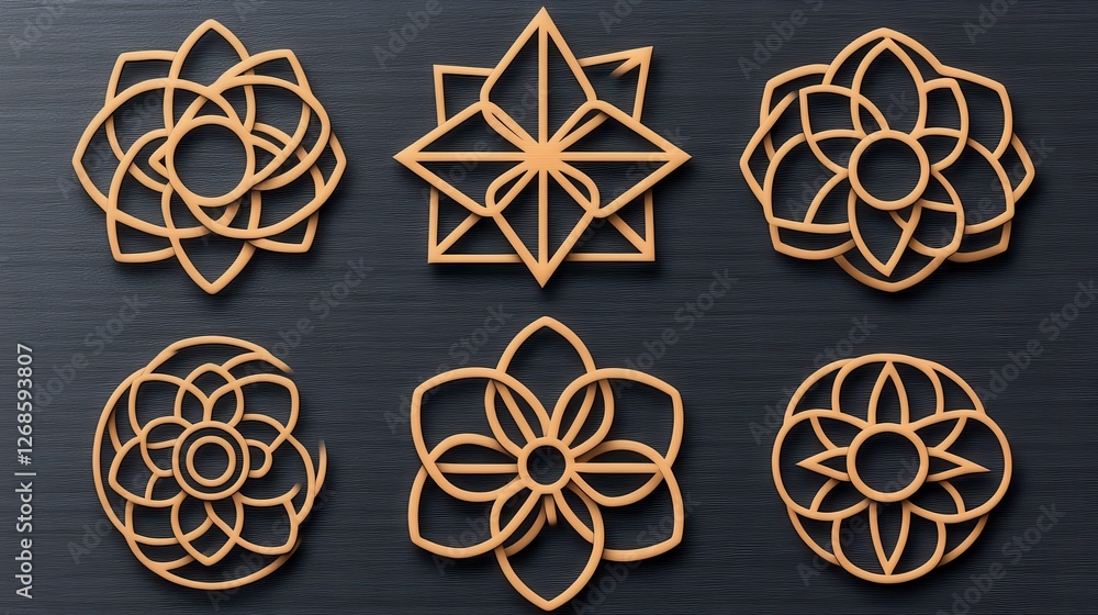 Poster six golden geometric designs on a dark background. intricate patterns create a sense of symmetry and