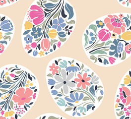 Vector seamless pattern. Floral Easter spring background with ornate floral eggs in pastel colors