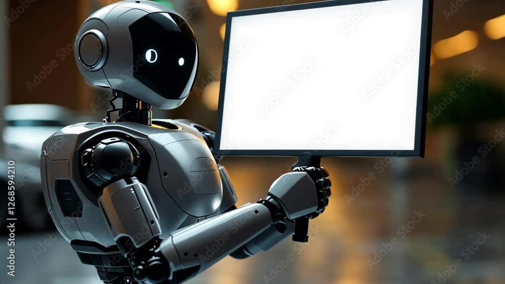 Poster robotic interaction: a futuristic humanoid robot engaging with a digital interface