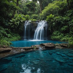 Fototapeta premium A hidden waterfall cascading into a blue pool, surrounded by lush greenery.