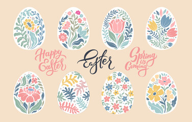 Vector set of Easter eggs with floral patterns in beautiful pastel colors with hand lettering.