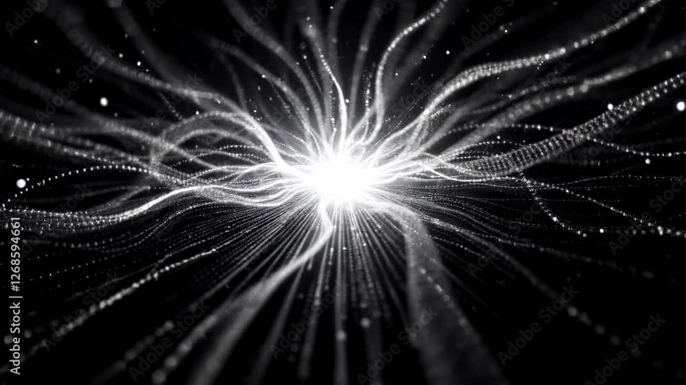 Poster dynamic black and white energy waves pulsating with particles