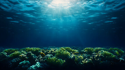 Fototapeta premium Underwater Coral Reef Scene With Sunbeams