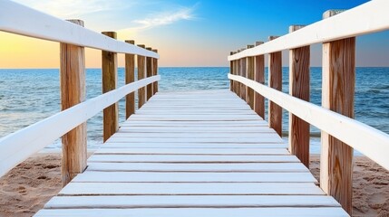 A wooden pier extending into calm ocean water at sunrise. Sandy beach is visible at the pier's edge.  Peaceful and serene atmosphere