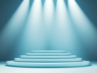 Minimalist blue podium with soft lighting and modern architectural design.