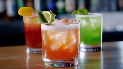 Three refreshing cocktails in rocks glasses on a bar, featuring a reddish orange drink, a frothy amber beverage, and a vibrant green concoction