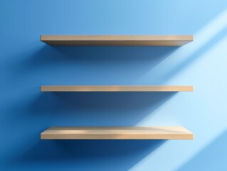 Three wooden floating shelves against a blue wall.