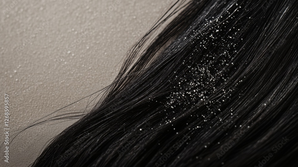 Poster close up view of dandruff flakes on dark hair strands with empty text space for informative content.