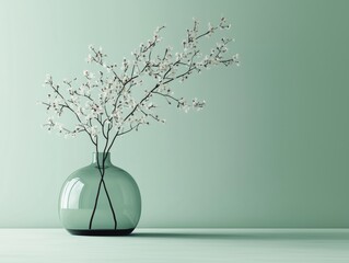 Minimalist cherry blossoms in a glass vase against a soft background.