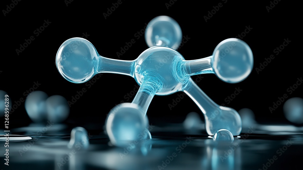 Poster abstract 3d rendering of a translucent blue molecule on a dark reflective surface. the molecule is t