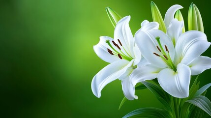 Obraz premium Close up of two pristine white flowers adorned with water droplets, set against a softly blurred green background. The image is bathed in soft