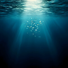 Fototapeta premium Underwater Sunlight Rays Illuminating Dark Blue Ocean Depth