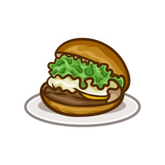 Classic Burger Illustration: A mouthwatering cartoon illustration of a classic burger featuring a juicy beef patty, melted cheese, crisp lettuce, and creamy sauce, served on a sesame seed bun