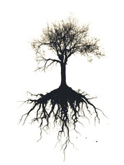 Tree with roots and golden leaves, white background