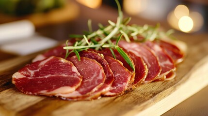 A carefully arranged display of thinly sliced cured meat is complemented by fresh herbs atop a wooden board. The atmosphere is inviting and warm, perfect for a culinary experience