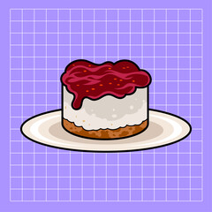 Sweet Treat: A delicious-looking cheesecake topped with a generous layer of red fruit sauce, presented on a white plate. Perfect for use in menus, recipe blogs, or food-related marketing materials