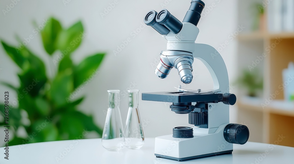 Aufkleber close up view of a white microscope and two erlenmeyer flasks on a white table, set against a blurre