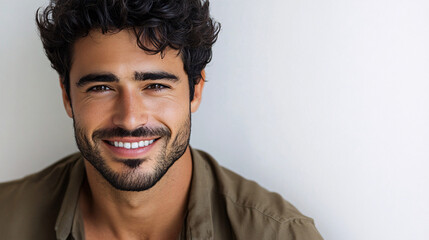 Fototapeta premium smiling handsome man with a green shirt looking at camera against a white background