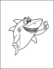 AI Generated Line Art Illustration of a Shark Taking a Selfie with a Phone  Whimsical Underwater Scene  Cute and Playful  Children's Book Style  Black and White  Coloring Page