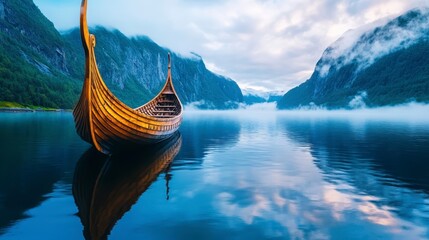 Wooden ship on calm water, reflecting mountains and mist in the fjord. Golden hour lighting, serene atmosphere. 